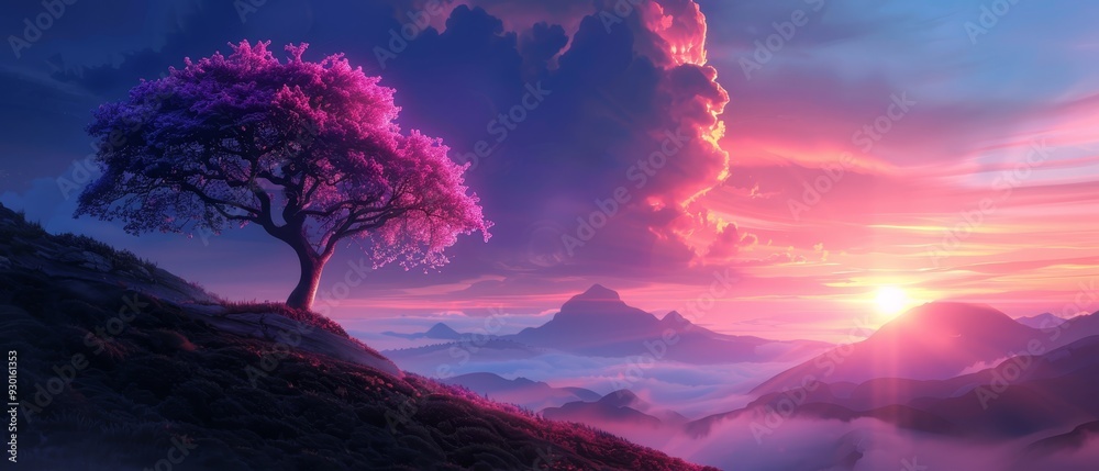 A tree atop a hill, silhouetted against a sunset backdrop Clouds scatter the sky A tree atop a hill, silhouetted against a sunset backdrop Clouds scatter the sky