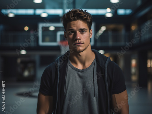 Athletic man on the basketball court, looking directly at you