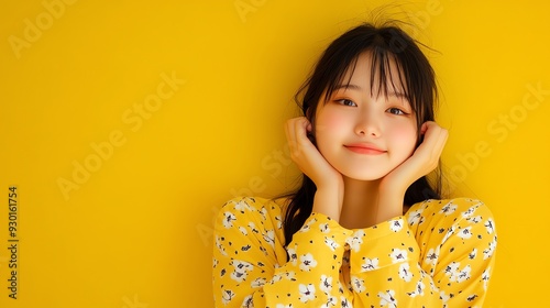 A young woman with long dark hair smiles at the camera while wearing a yellow floral shirt.