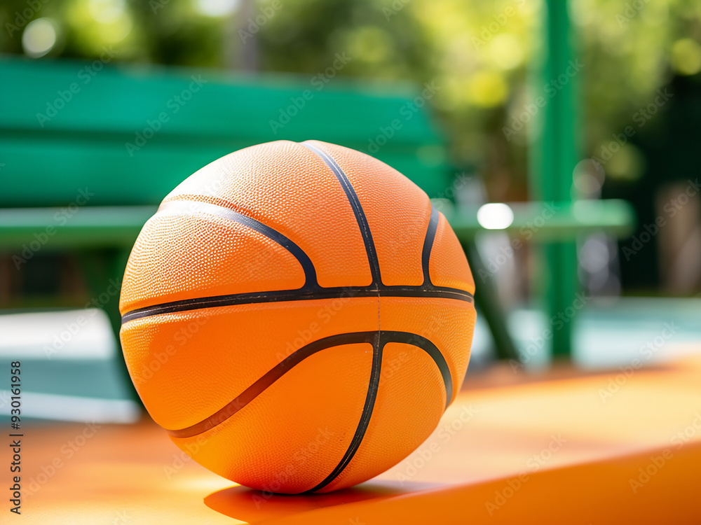 Orange basketball resting on green playground Orange basketball resting on green playground