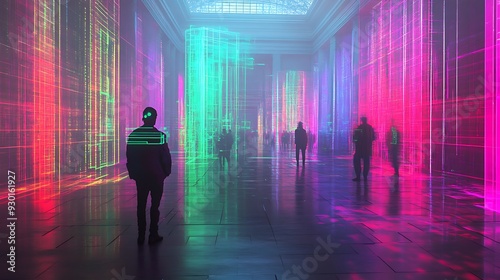 Futuristic Cityscape with Neon Lights and Silhouettes in an Abstract Gallery Space.