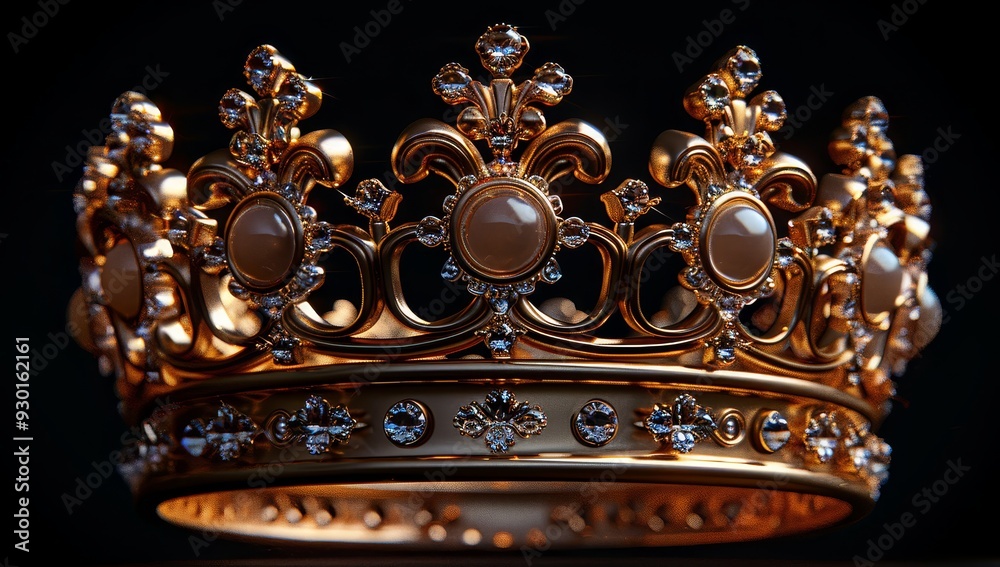 Golden crown with intricate designs, symbolizing royal power and grandeur, on a solid black background Golden crown with intricate designs, symbolizing royal power and grandeur, on a solid black background