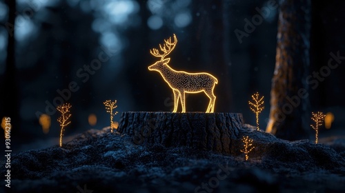 A glowing silhouette of a deer stands on a tree stump, illuminated by soft lights in a serene forest setting. photo