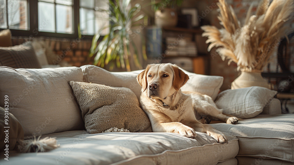 Favorite pet dog lies on the sofa in the living room. Pet care. Favorite pet dog lies on the sofa in the living room. Pet care.