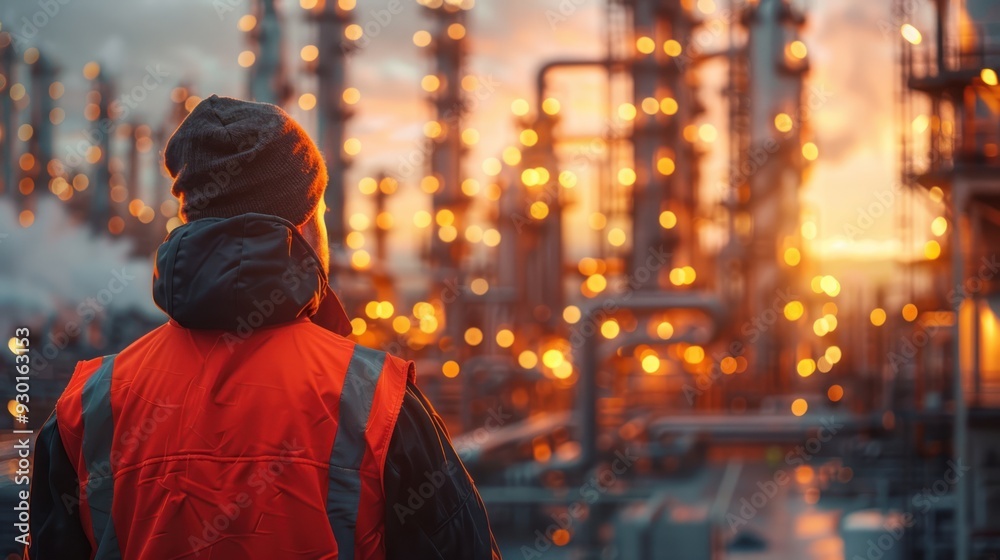 Close-up of man in safety vest with industrial plant background (close up, workplace safety, realistic, Fusion, Refinery) Close-up of man in safety vest with industrial plant background (close up, workplace safety, realistic, Fusion, Refinery)