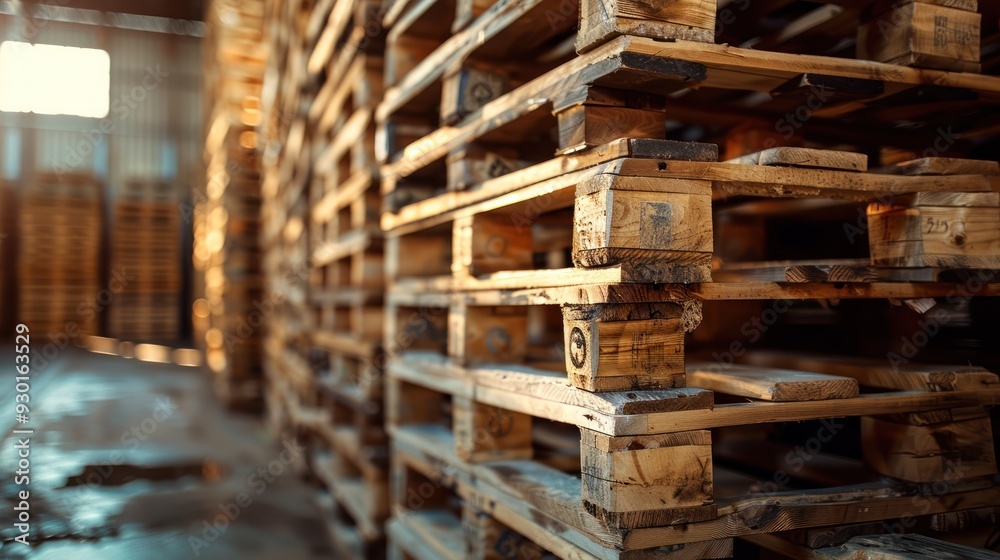 Close-up of neatly stacked wooden pallets (close up, organized storage, realistic, Fusion, Warehouse aisle) Close-up of neatly stacked wooden pallets (close up, organized storage, realistic, Fusion, Warehouse aisle)