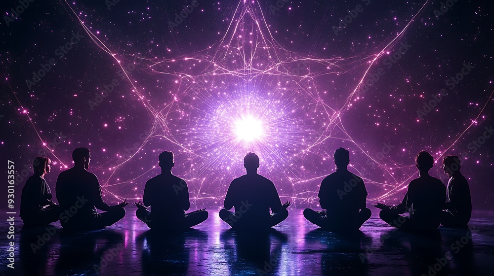 Silhouettes of People Meditating in Front of a Bright Light. Silhouettes of People Meditating in Front of a Bright Light.