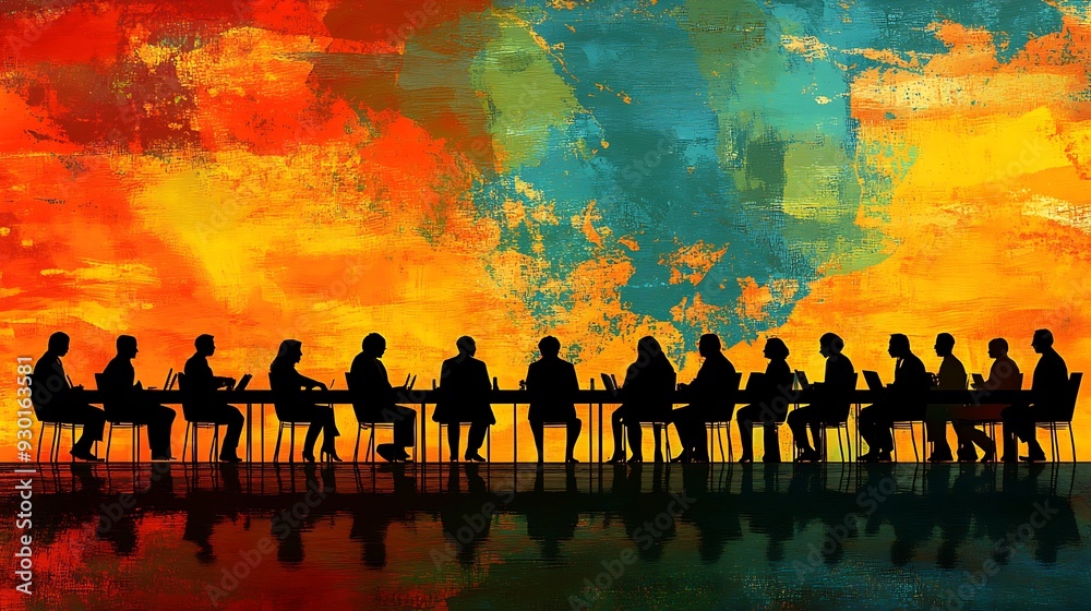 Fototapeta premium Silhouettes of People Sitting at a Table with Abstract Background.