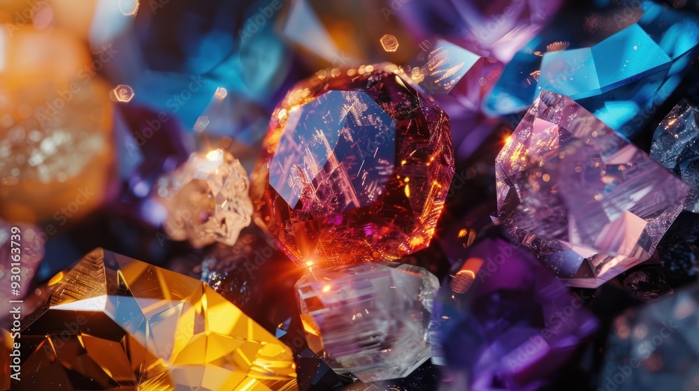 Close-up of multifaceted gemstones (close up, polished perfection, realistic, Silhouette, Gemologist's table) Close-up of multifaceted gemstones (close up, polished perfection, realistic, Silhouette, Gemologist's table)