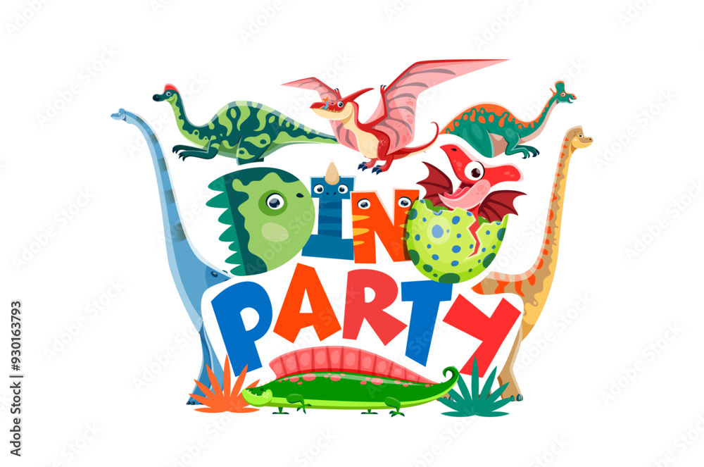 Obraz premium Kids birthday dino party invitation flyer. Vector vibrant and playful invite for dino-themed event with cartoon adult and baby dinosaur reptiles hatching from the eggs with colorful and fun typography