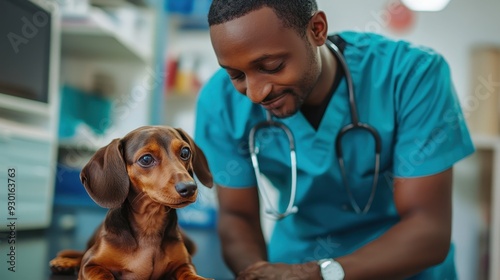 Professional African Veterinarian Examining Brown Dachshund with Focus and Care in Contemporary Animal Hospital Setting