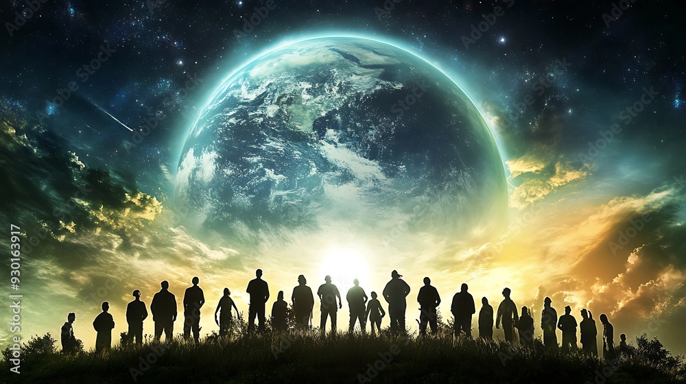 Silhouettes of People Standing Before a Giant Earth in the Sky. Silhouettes of People Standing Before a Giant Earth in the Sky.