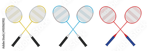 An Illustration of Three Colorful Badminton Rackets. showcases three badminton rackets, each with a different color scheme. The left racket features a yellow frame, the middle racket has a red frame 
