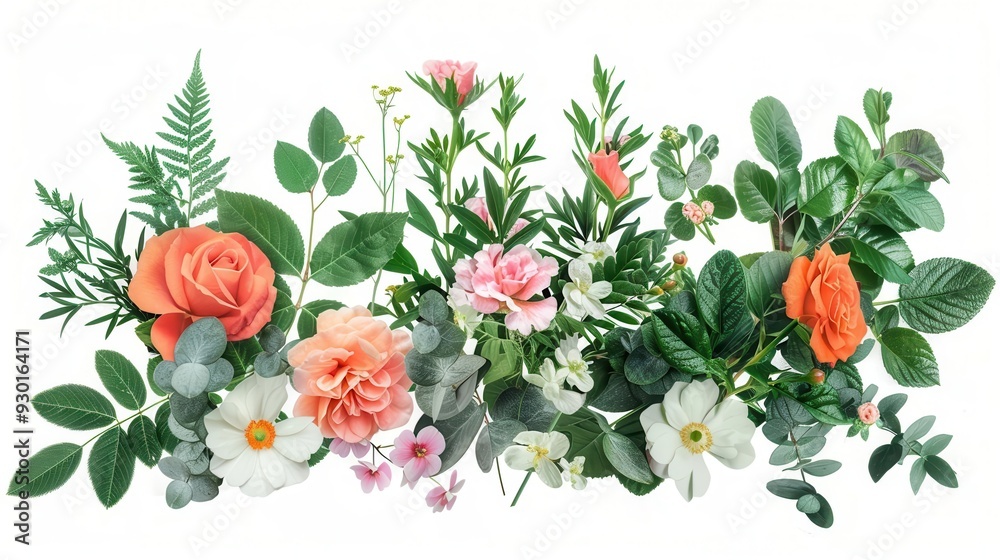 lush greenery and delicate colorful flowers isolated on white beautiful botanical design elements photo cutout lush greenery and delicate colorful flowers isolated on white beautiful botanical design elements photo cutout