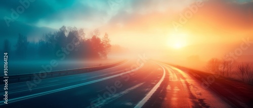   a highway with the sun setting in the distance and trees lining the roadside