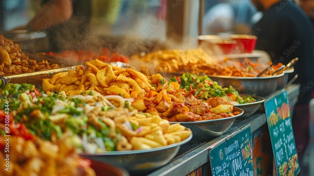 Obraz premium Close-up of a food stall at a music festival, colorful banners and menus, detailed shots of street food being prepared, vibrant and mouth-watering colors, busy and energetic atmosphere, high detail