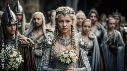 Medieval fantasy queen in ornate silver gown and crown, holding white roses, surrounded by armored guards and courtiers at royal wedding ceremony photo