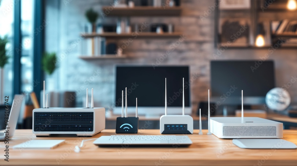 Internet Router Office A modern home office setup with various wireless routers and internet ...