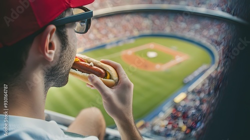 A man in a red cap enjoys a hot dog while watching a baseball game. photo