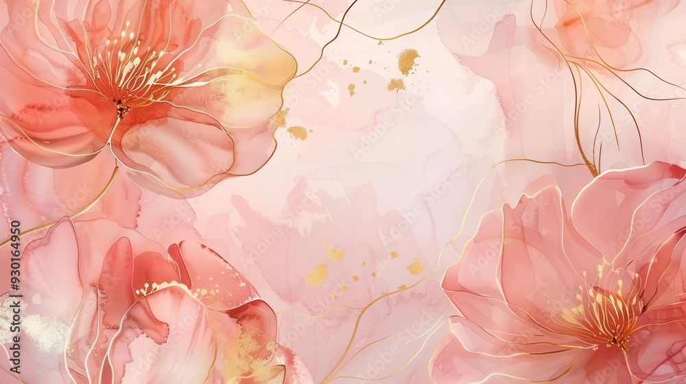luxurious abstract art background with golden line art flowers and watercolor leaves