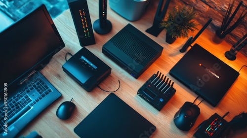 A variety of electronic devices including laptops, a gaming console, router, external hard drives, and peripherals on a wooden desk with ambient lighting.