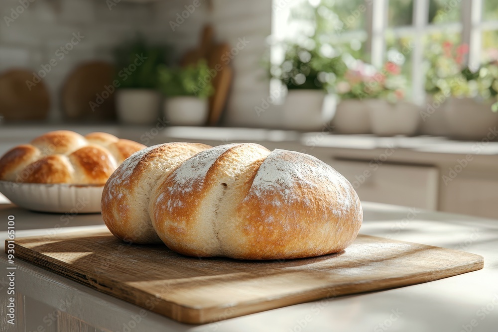Close-up of two freshly baked bread loaves dusted with flour, resting on a wooden cutting board in a bright, sunlit kitchen. Close-up of two freshly baked bread loaves dusted with flour, resting on a wooden cutting board in a bright, sunlit kitchen.