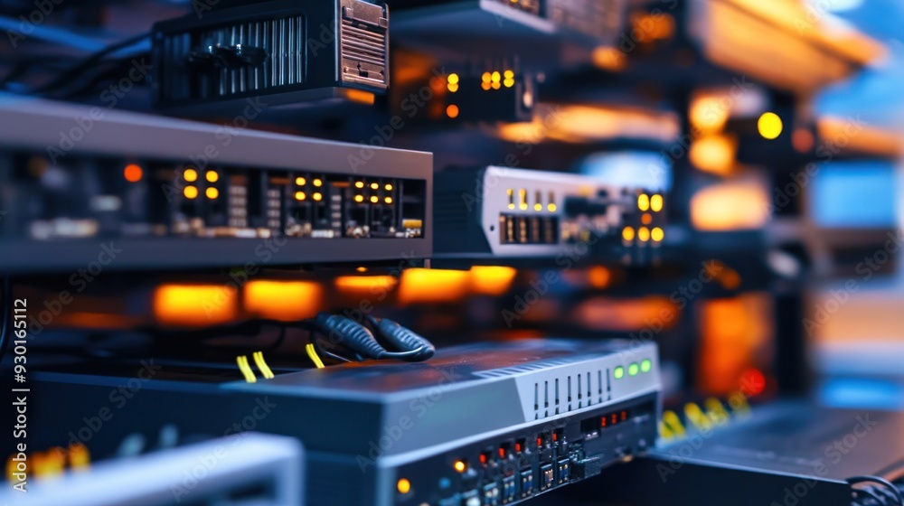Naklejka premium Rack-mounted professional audio and network equipment with LED indicators on, signifying active operation within a data center or studio environment.