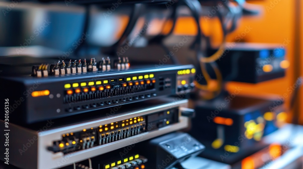 Naklejka premium Rack of audio equipment with various knobs and LED level meters, likely used for sound engineering in a studio or live performance context.