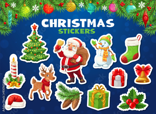 Cartoon Christmas character stickers pack. Merry Xmas and New Year winter holidays vector personages of happy Santa Claus with gifts and Christmas tree. Cute snowman, reindeer, holly and red hat