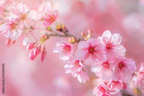 A close-up of cherry blossoms on a tree branch, with soft pink petals and a blurred background of more blossoms.