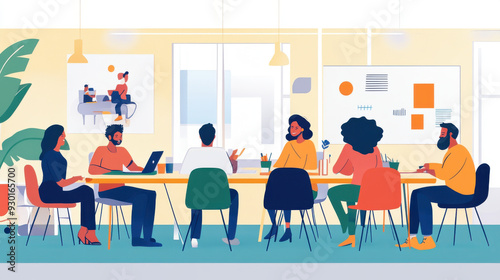 A corporate meeting room filled with a diverse team, brainstorming ideas on promoting workplace inclusivity through diverse hiring. The room is bright, modern, and collaborative