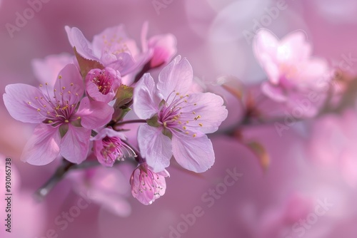 A close-up of cherry blossoms on a tree branch, with soft pink petals and a blurred background of more blossoms.