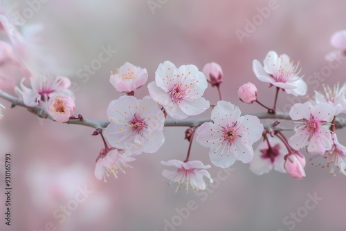 A close-up of cherry blossoms on a tree branch, with soft pink petals and a blurred background of more blossoms.