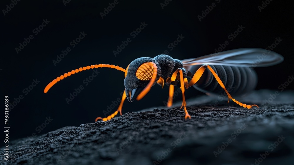 Fototapeta premium Close-up of a brightly colored insect with striking orange and black features, set against a dark background.