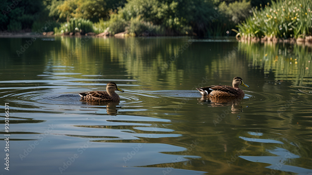 A family of ducks swimming peacefully across a quiet pond. Background A family of ducks swimming peacefully across a quiet pond. Background