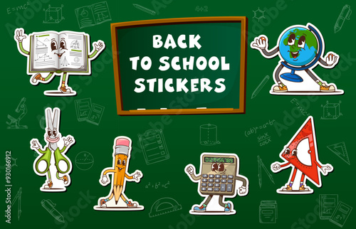 Stickers pack of school education characters. Vector funny educational patches. Textbook, globe, scissors, pencil, calculator and triangular ruler with cheerful faces at green chalkboard background