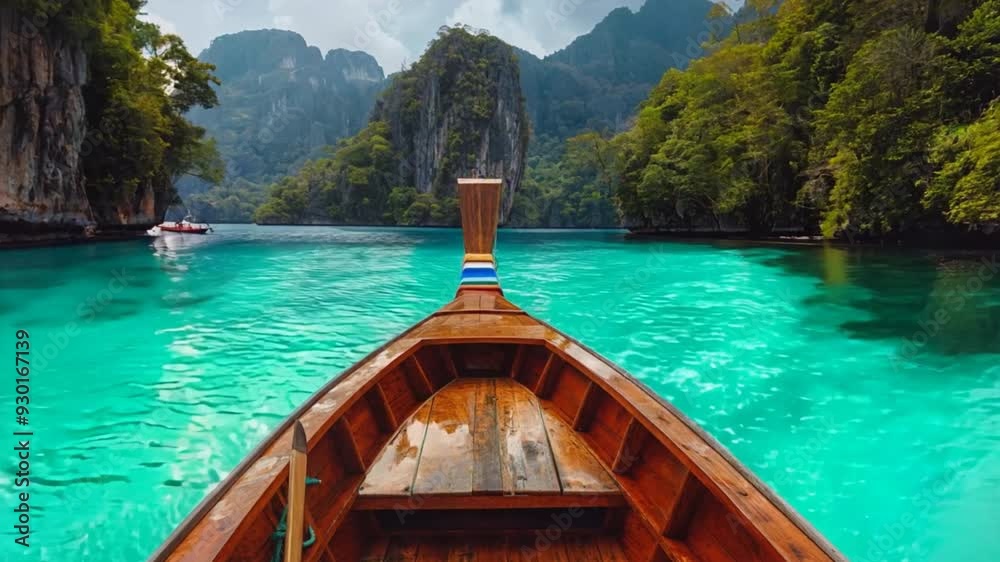 Serene Journey to Paradise: A longtail boat glides through turquoise waters, surrounded by lush green islands, promising an unforgettable adventure in a tropical paradise. 