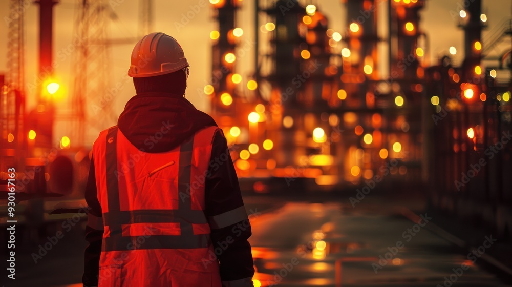 Close-up of safety vest with industrial plant details (close up, work environment, realistic, Silhouette, Processing plant) Close-up of safety vest with industrial plant details (close up, work environment, realistic, Silhouette, Processing plant)