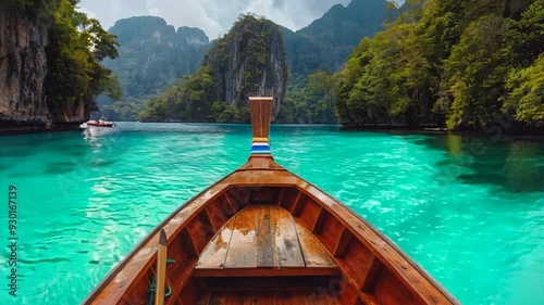 Serene Journey to Paradise: A longtail boat glides through turquoise waters, surrounded by lush green islands, promising an unforgettable adventure in a tropical paradise. 
