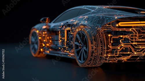 Futuristic car design featuring glowing circuit patterns against a dark background. A blend of technology and automotive art.