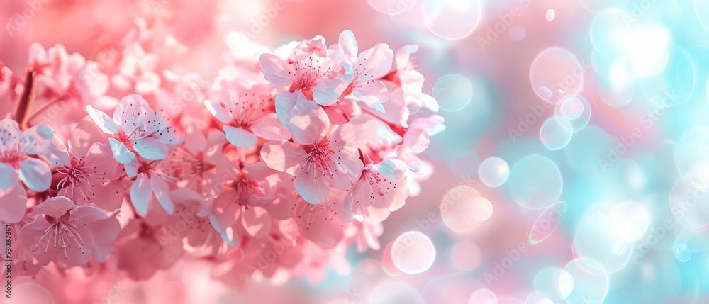 A tight shot of numerous pink blossoms against a backdrop of blue and pink light bokeh A tight shot of numerous pink blossoms against a backdrop of blue and pink light bokeh