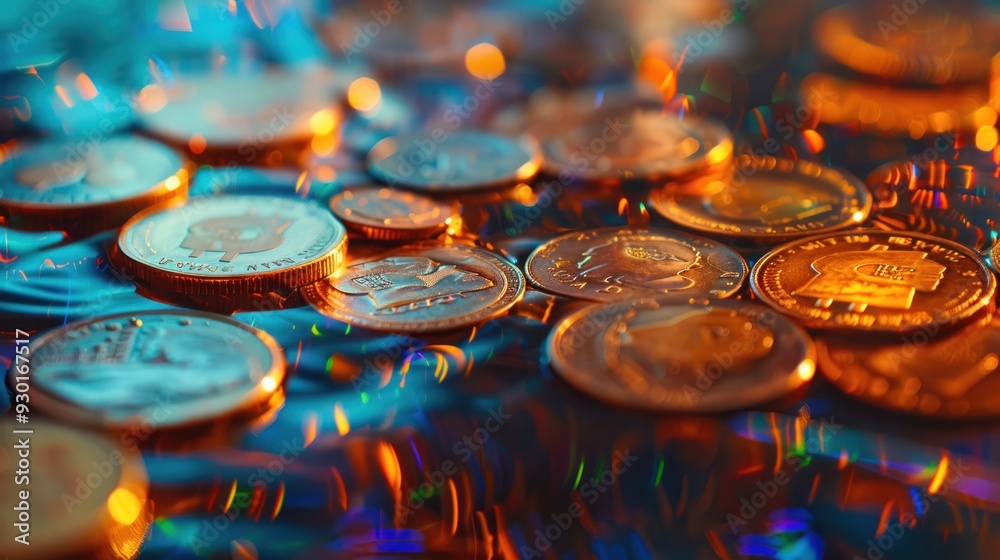 Coins reflecting rising stocks (selective focus, bullish market, whimsical, Manipulation, Wall Street)