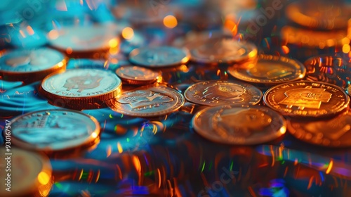Obraz na płótnie Coins reflecting rising stocks (selective focus, bullish market, whimsical, Manipulation, Wall Street) w salonie