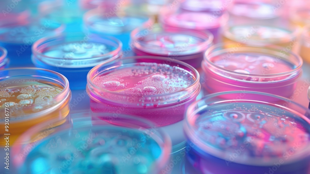 Colorful microbial growth in transparent petri dishes (selective focus, biological exploration, ethereal, Manipulation, Laboratory table) Colorful microbial growth in transparent petri dishes (selective focus, biological exploration, ethereal, Manipulation, Laboratory table)