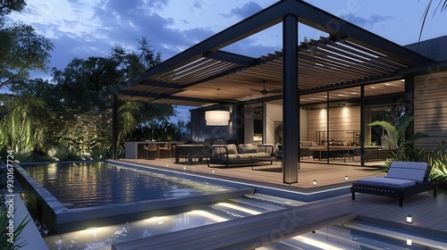 luxurious outdoor living space with teak deck and black pergola poolside evening scene