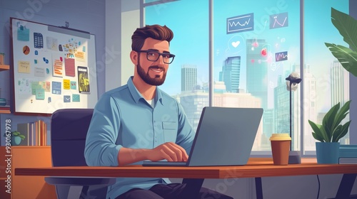 Bearded man with glasses, wearing a light blue shirt, works on a laptop in a bright, modern office. Behind him, a large window showcases a city skyline, and a whiteboard filled with colorful notes