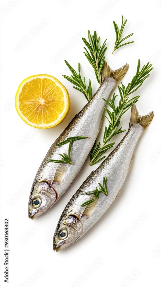 Two fresh sardines lie on a white background alongside slices of lemon and sprigs of rosemary, showcasing vibrant colors and natural elements. Two fresh sardines lie on a white background alongside slices of lemon and sprigs of rosemary, showcasing vibrant colors and natural elements.
