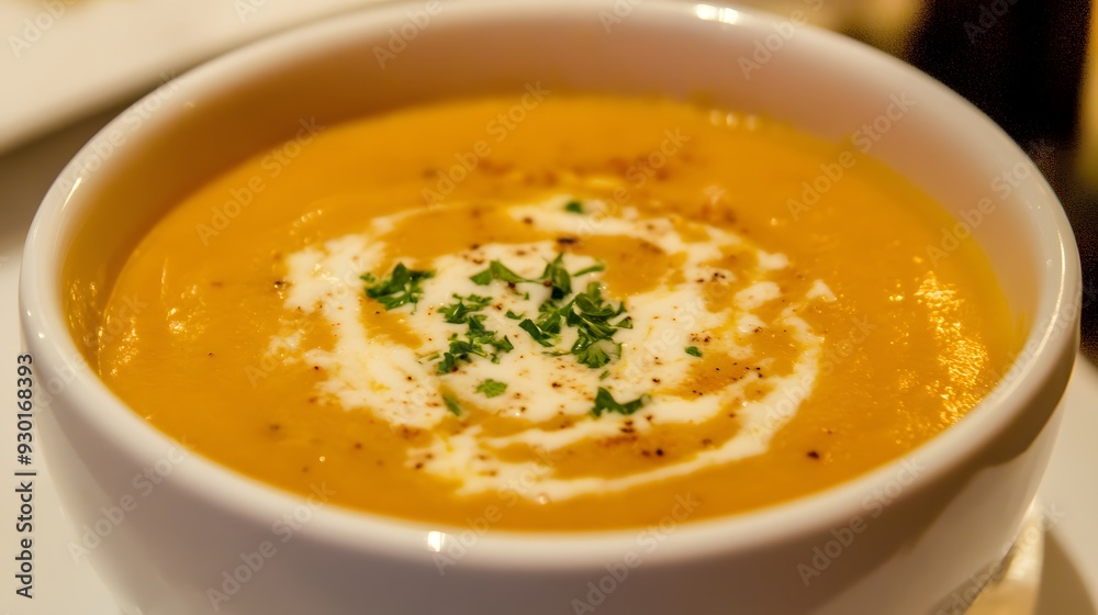 Creamy soup with a swirl of cream and fresh herbs. Creamy soup with a swirl of cream and fresh herbs.
