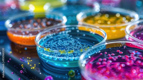 Obraz na płótnie Detailed view of colorful bacteria colonies in petri dishes (copy space, microbial analysis, dynamic, Double exposure, Science lab) w salonie