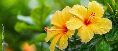  A tight shot of two yellow flowers, their petals adorned with droplets of water In the background, lush green leaves unfurl
